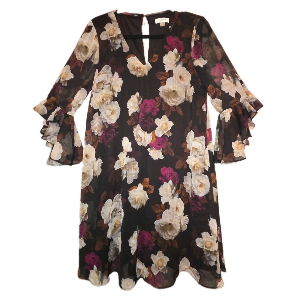 Calvin Klein Black Floral Shift Dress Womens 10 Ruffle Chiffon Bell Sleeve